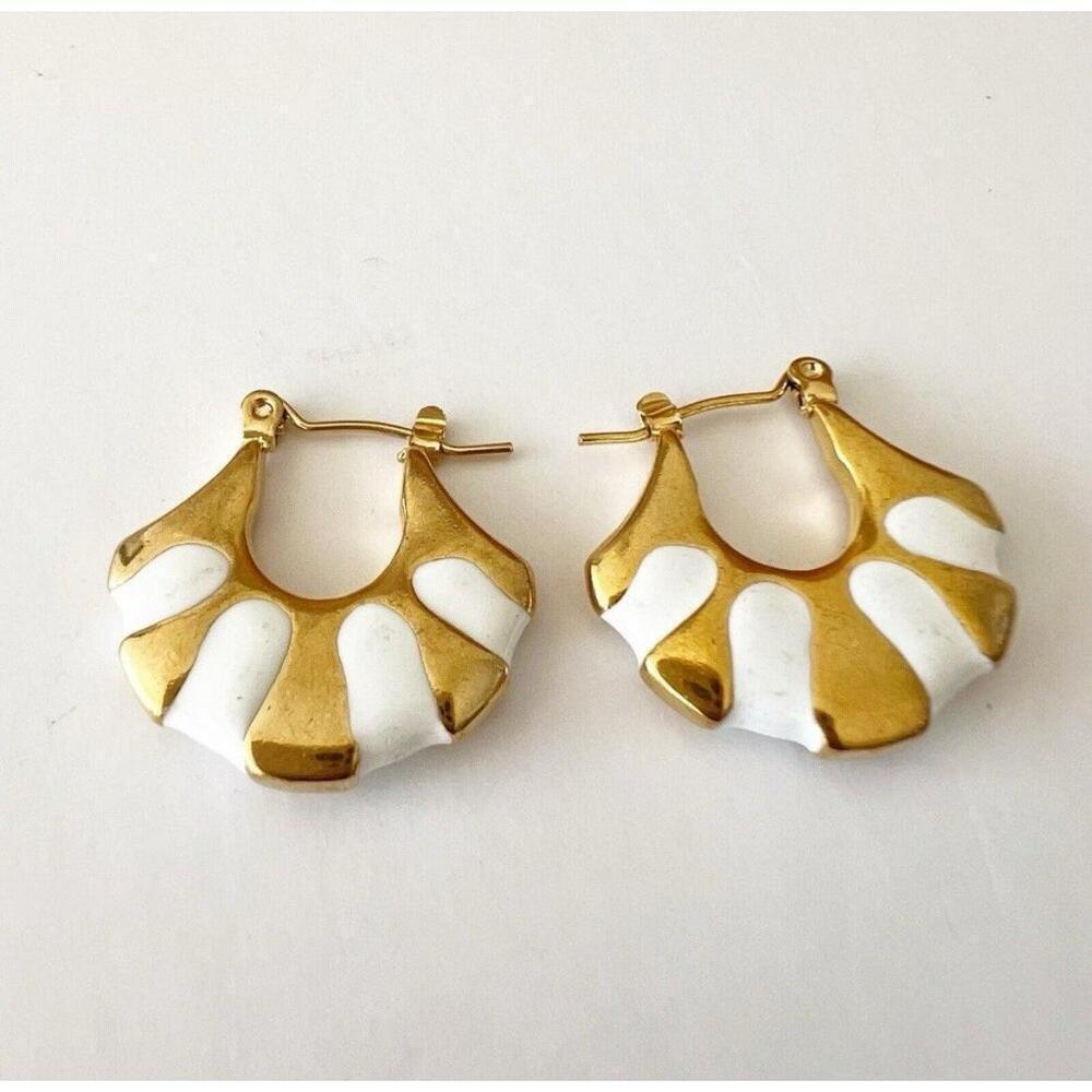 Gold Plated Stunning Egyptian Style Hoop Earrings White Enamel & Gold